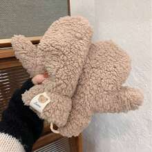 可愛熊熊白手套,加厚冬季保暖學生騎車防寒保暖手套,吊掛頸部女士內衣 - 卡其色 - 查看 1