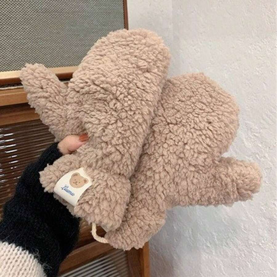 可愛熊熊白手套,加厚冬季保暖學生騎車防寒保暖手套,吊掛頸部女士內衣 - 卡其色 - 查看 1