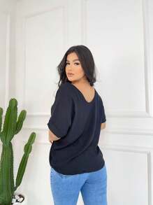 Women's Loose Blouse 3/4 Sleeve V-Neck Basic Casual Top - màu đen - Xem 2