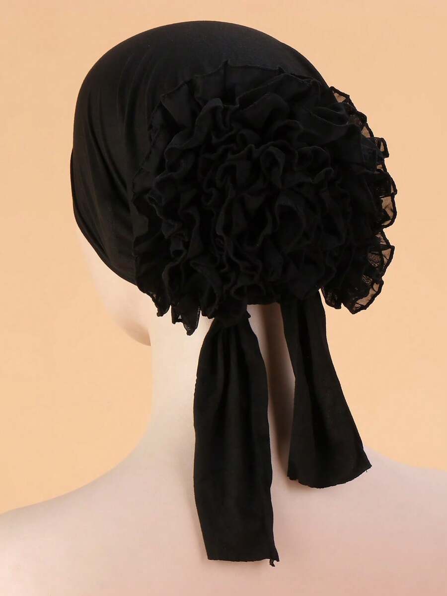 1pc Lace Chiffon Headscarf Hat, Elegant Solid Color Elastic Headband, Adjustable Tie Headwrap, Women's Bohemian Style Headscarf, Headband - Black - View 1