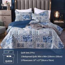 Qucover Tagesdecke Patchwork 220x240cm, Blau Bettüberwurf für Doppelbett Vintage Stil, Gesteppte Sommerdecke mit Kissen Set, aus Baumwolle & Polyester, Shabby chic - Blau - Übersicht 3