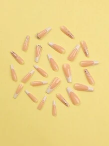 用24支長芭蕾指甲美化您的外表,法式白邊,白色多色條紋,簡單風格可穿戴美甲,配有指甲夾和可重複使用的指甲套裝,適合日常和節日穿著 - 彩色 - 查看 3