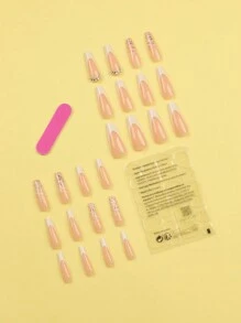 用24支長芭蕾指甲美化您的外表,法式白邊,白色多色條紋,簡單風格可穿戴美甲,配有指甲夾和可重複使用的指甲套裝,適合日常和節日穿著 - 彩色 - 查看 2