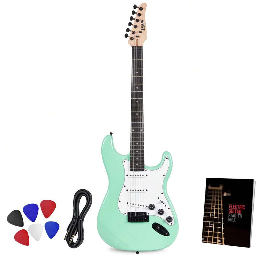 LyxPro CS Beginner 39" Stratocaster Electric Guitar & Electric Guitar Accessories Players With Guitar, Amp Cable, 6 Picks & Learner'S Guide, Solid Wood Body, Volume/Tone Controls, 5-Way Pickup - màu xanh lá - Xem 1