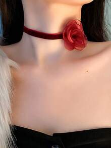 哥德風格首飾全新歐美跨國到貨深玫瑰色設計蕾絲帶領鎖獨特項鍊女 - 黑色 - 查看 5