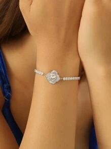 1pc Luxurious 925 Silver & Artificial Flower Decor Bracelet For Women, Daily Wear & Dating & Gift - Silver - View 1