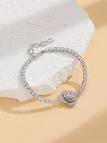 1pc Luxurious 925 Silver & Artificial Flower Decor Bracelet For Women, Daily Wear & Dating & Gift - Silver - View 5