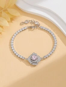 1pc Luxurious 925 Silver & Artificial Flower Decor Bracelet For Women, Daily Wear & Dating & Gift - Silver - View 3