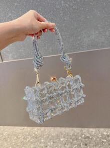Moonlit EveBag Women'S Fashionable Shiny Rhinestone & Rope Decor Translucent Acrylic Square Clutch, Perfect For Dinner Party, Prom, Valentine'S Day Gift, Etc.