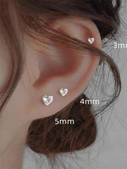 1pair Silver Heart Shape Zirconia Shining Stud Earrings, Minimalist Unique Luxurious Lightweight Earrings, Gift For Friend Birthday