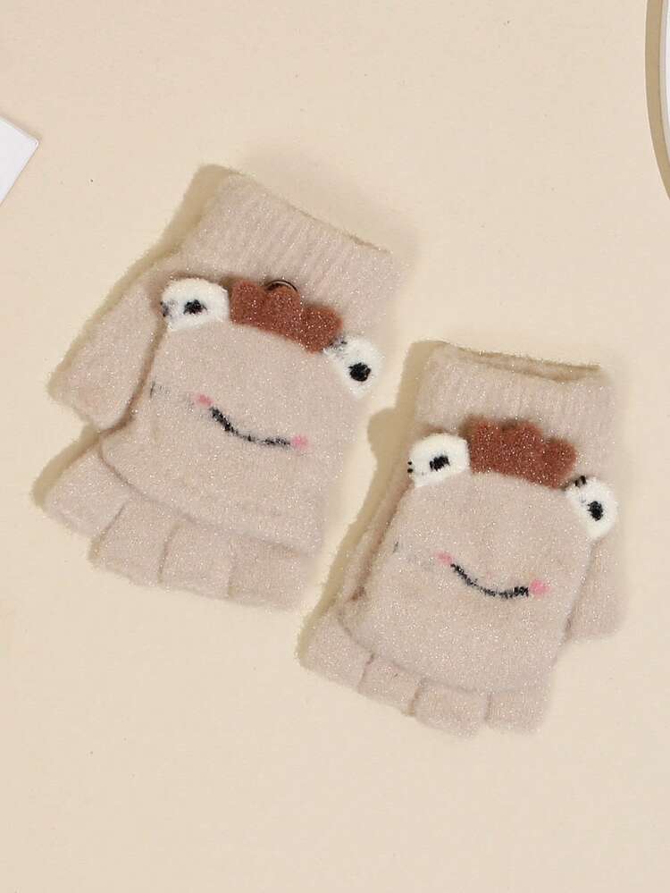 1 Par De Guantes Sin Dedos, Sin Dedos Y Con Tapa De Dibujos Animados Para Niños, Cálido Y Para Otoño E Invierno - Beis - Ver 1