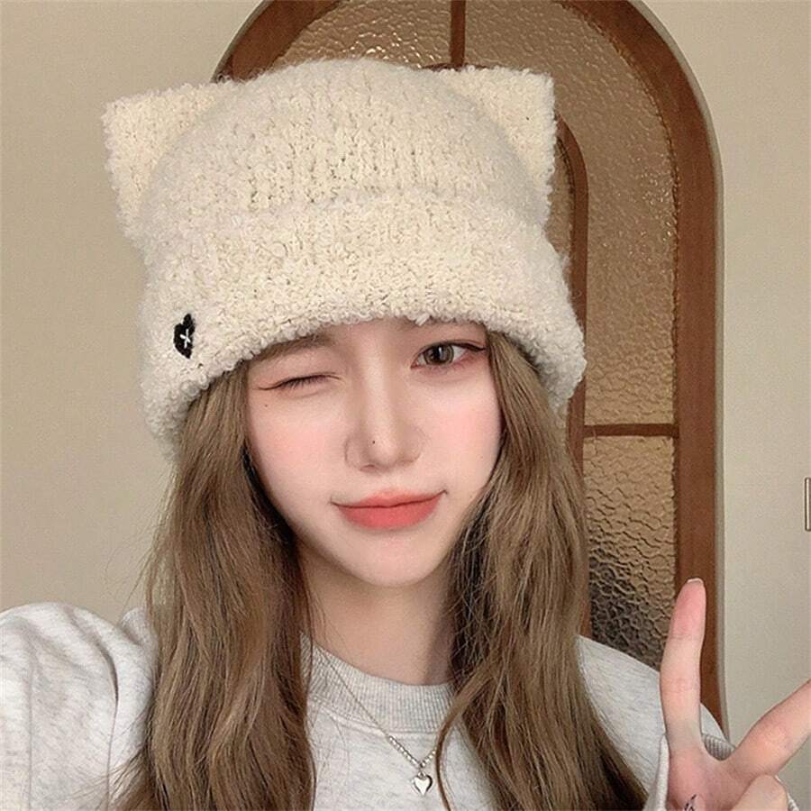 1 件裝女用大頭圍貓耳刺繡針織帽帶圍巾適合冬季戶外活動情侶無簷小便帽 - 杏色 - 查看 1