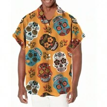 Camisa hawaiana informal de manga corta para hombre con estampado de calavera y alta elasticidad - Naranja - Ver 5