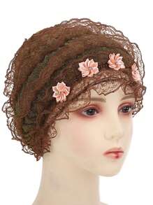 1頂女士帽子配有蕾絲頭巾,適用於媽媽,束髮,頭巾,短毛帽,頭帶,頭巾帽 - 咖啡棕 - 查看 1