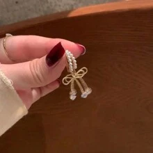 1 对人造珍珠和蝴蝶结和铜简约甜美耳夹耳环，适合女士，生日礼物情人节、妈妈、母亲、母亲节、礼物 - 金黃色 - 查看 2