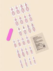 24入組超長尺寸,米色印花和鑽石裝飾的假指甲+果凍膠+指甲文件,展示您的魅力 - 白色 - 查看 2