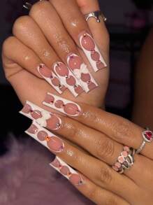 24入組超長尺寸,米色印花和鑽石裝飾的假指甲+果凍膠+指甲文件,展示您的魅力 - 白色 - 查看 1