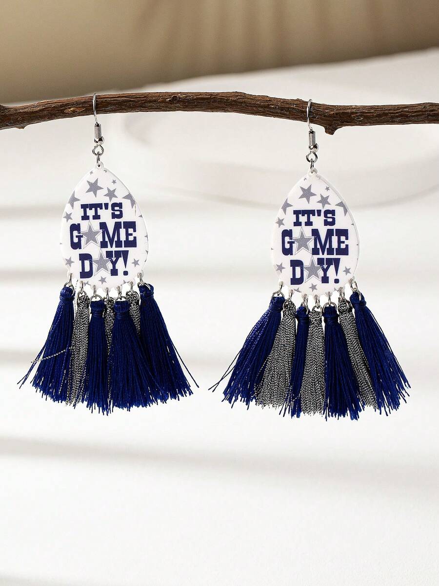 1 Pair Boho Tassel  Football Team Cheerleaders Game Day Earrings For Women - Blue - View 1