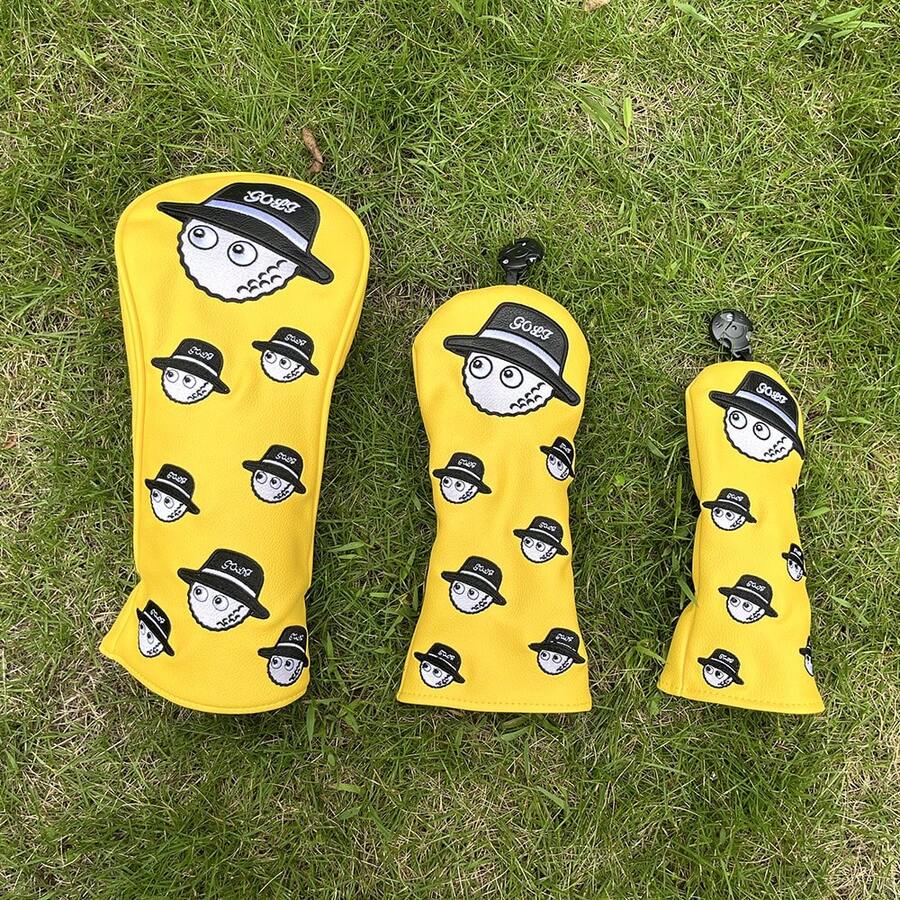 1入黃色創意有趣的刺繡圖案高爾夫球杆套,1號木球杆套,公路木球杆套,混合木球杆套 - 黃色 - 查看 1