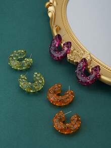 1 對時尚高端樹脂水鑽裝飾耳環適合女士日常佩戴 - 玫紅色 - 查看 2