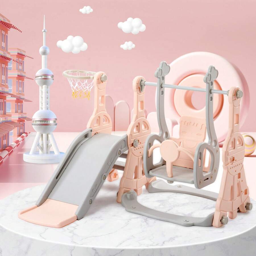 Beijiyi Slide For Children, 4 In 1 Children's Slide, Swing With Basketball Stand, Climbing Ladder, Swing, Slide, Garden Slide For Indoor And Outdoor Use. - Pink - View 1