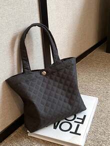 2023秋季新款菱形網格繡線水桶包,時尚輕便單肩手提包 - 黑色 - 查看 4