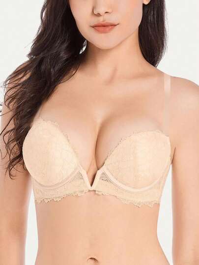 Women Deep V-Neck Convertible Bra With Detachable Straps And Thick Padded Cups, Comfortable Underwire Lingerie For Wedding Party Banquet