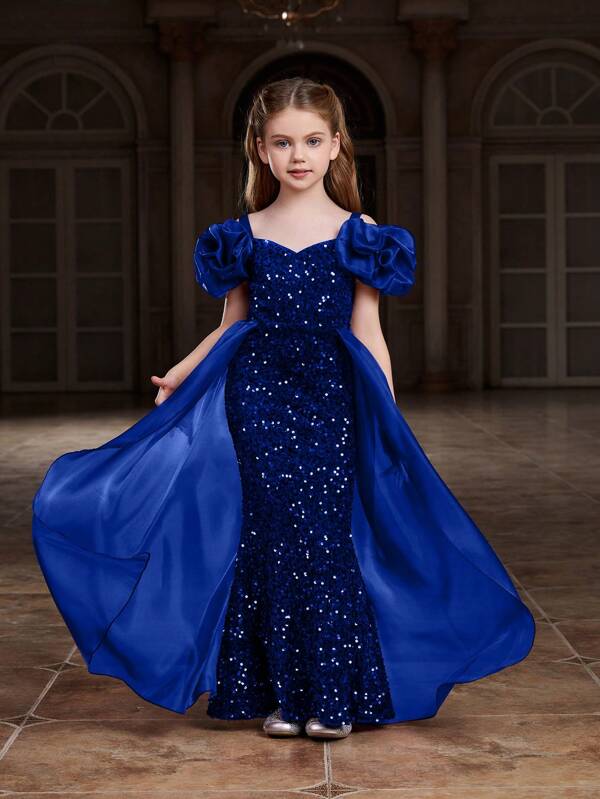Tween Girl Sparkling Bubble Sleeve Mermaid Tail Dress With Mesh Panel & Sequins – Elegant Formal Gown For Evening Party, Pageant, Holiday Celebration