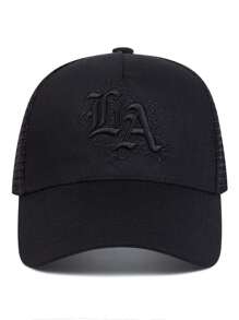 1入組男士卡車司機帽，帽子上有字母刺繡 "LOS ANGELES"，時尚防曬可調節休閒帽，適用於春秋旅遊、旅遊和沙灘派對 - 黑色 - 查看 3