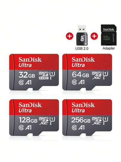 SanDisk Micro SD 存储卡 Class 10 A1 Micro SD 32GB 64GB 128GB 256GB 512GB 100MB/S U3 TF 存储卡 + SD 适配器 + USB2.0 读卡器