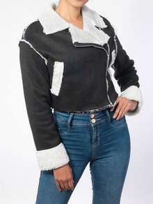 Shearling Motorcycle Jacket With Biker Closure For Women - Black - View 3