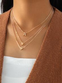 1pc Simple Metallic Heart, Star, Letter Detail Multi-Layered Women'S Necklace, Perfect For Valentine'S Day Dating Gift - Yellow Gold - View 1