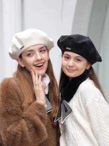 2入組男女適用秋冬復古針織貝雷帽，適用於藝術家服裝，配對親子帽 - 黑與白 - 查看 1