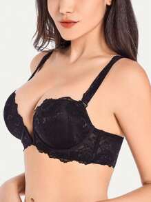 YANDW 女款深V領蕾絲肩帶可換式內衣，透明肩帶&厚墊舒適內衣適用於派對和婚禮 - 黑色 - 查看 4