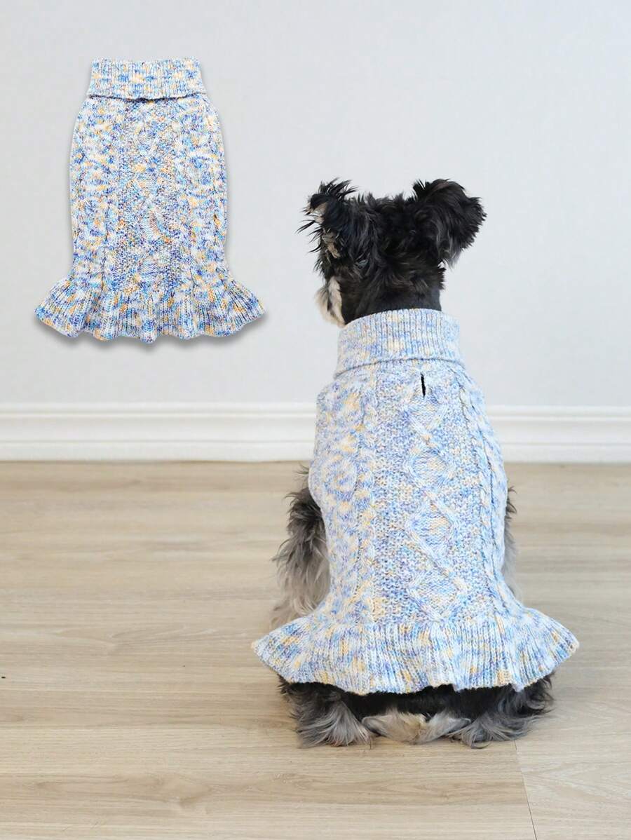 寵物貓狗冬季居家保暖電纜編織提花針織羊毛衣服和裙子 - 藍色 - 查看 1