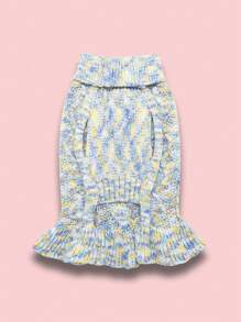 寵物貓狗冬季居家保暖電纜編織提花針織羊毛衣服和裙子 - 藍色 - 查看 7