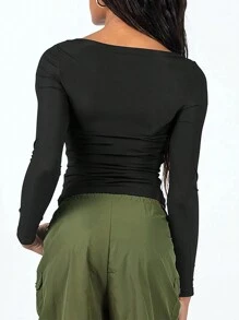 女裝短上衣長袖方領內衣,彈性貼身內層t恤上衣 - 黑色 - 查看 2