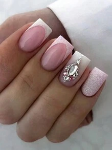 24入組短方形法式漸層粉白色閃粉鑽石裝飾假指甲,適用於美甲 - 彩色 - 查看 1