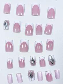 24入組短方形法式漸層粉白色閃粉鑽石裝飾假指甲,適用於美甲 - 彩色 - 查看 3