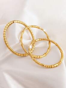 3入組時尚輕奢設計簡約不銹鋼仿竹水滴圓柱手鍊,適合女士約會穿戴 - 金色 - 查看 5