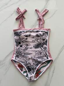 2023新款簡約時尚雙肩帶可反轉印花一件式泳衣 - 粉色 - 查看 4