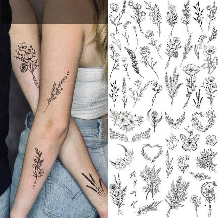 Pegatinas De Tatuajes De Flores Impermeables Y Duraderas Para Mujeres: Fáciles De Aplicar Y Quitar - Multicolor - Ver 1