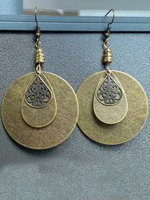 1pair European And American Bohemian Style Alloy Vintage Carved Round Discs Antique Brass Floral Designed Earrings For Women's Daily Use - Yellow Gold - View 3