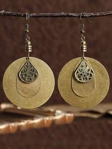 1pair European And American Bohemian Style Alloy Vintage Carved Round Discs Antique Brass Floral Designed Earrings For Women's Daily Use - Yellow Gold - View 4