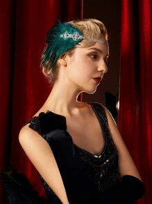 Flapper 頭帶 1920 年代頭飾,水鑽羽毛 Roaring 20 年代 Great Gatsby 女式髮飾 - 綠色 - 查看 5