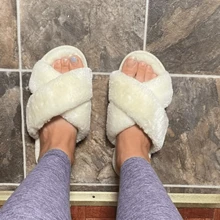 Comfyshoes Women's Fashion Cross Strap Plush Slippers, Open Toe Non-Slip Cotton Slippers - trắng - Xem 7