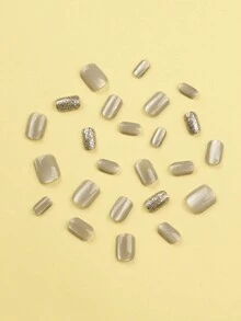 24入組中性短方形指甲，灰色金色貓眼金色閃粉貼式亞克力假指甲，指甲美容套裝，可拆式全覆蓋長效，包含1張膠貼片和1個迷你指甲銼 - 彩色 - 查看 3