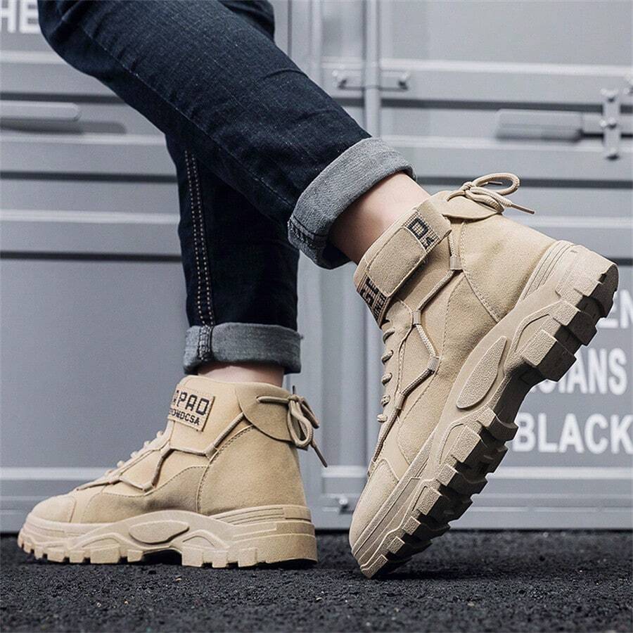 休閒戶外貨物靴潮流男鞋時尚皮革靴英式高頂男靴 - 卡其色 - 查看 1