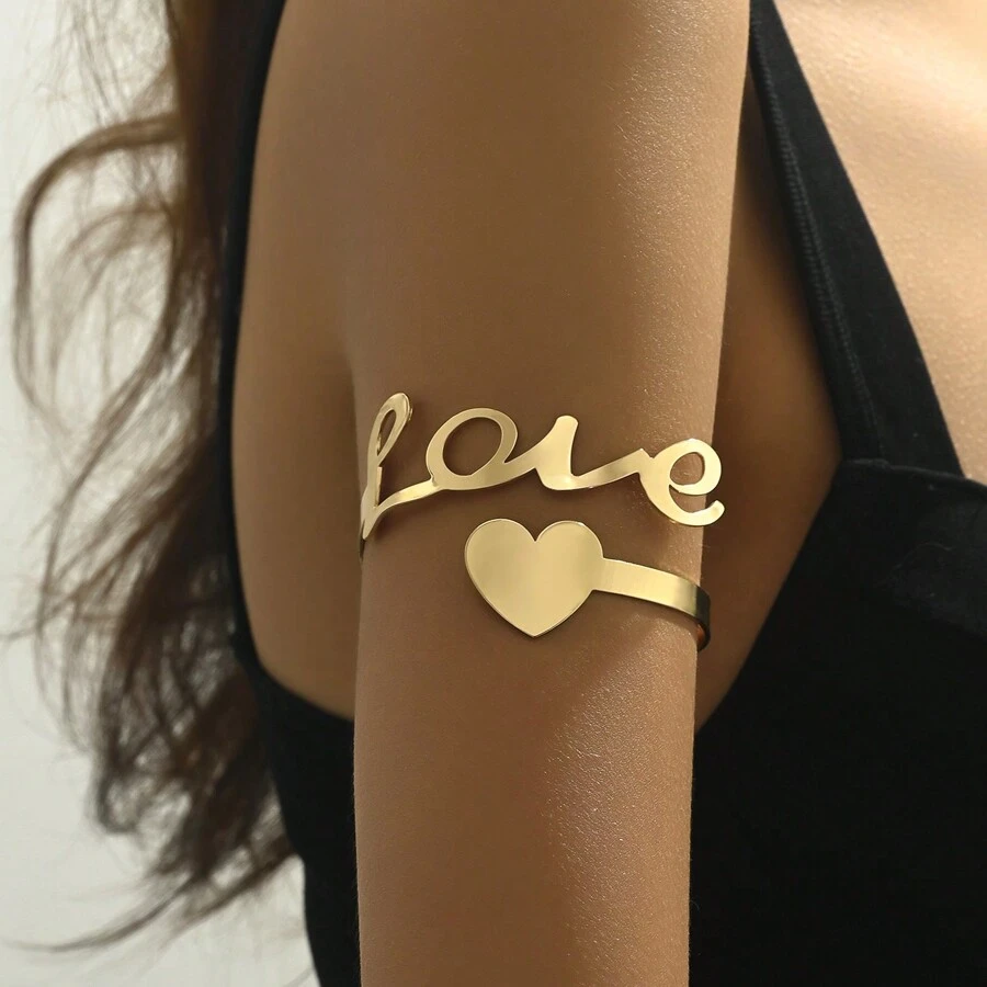 1 件簡單愛與你好與數字 2024 年與心形與幾何形狀設計女式臂環,時尚可調式袖口手鍊