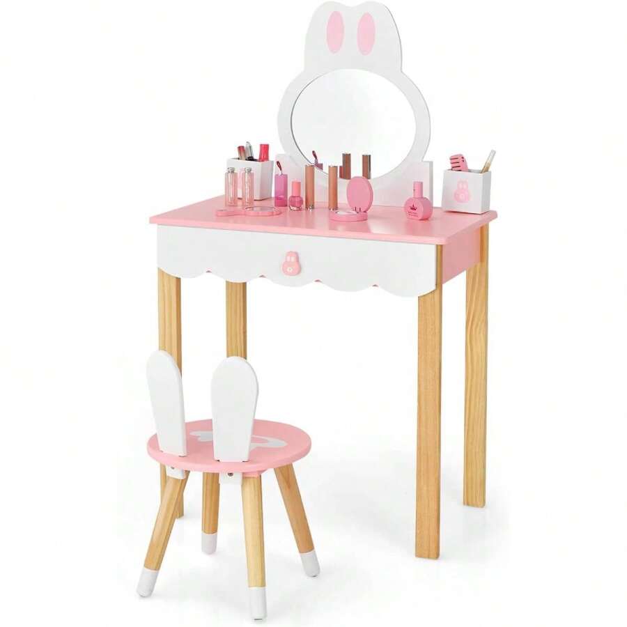 Children's Dressing Table With Mirror, Cosmetic Table With Stool, Dressing Table With Large Drawers, Dressing Table, Makeup Table For Girls & Children (Pink) - 粉色 - 查看 1